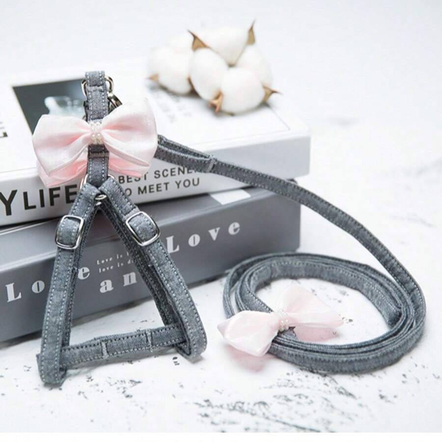 PINCOOL 1 conjunto de arnês e guia para animais de estimação, P/M/G, guia de caminhada de 1,2 m, fofa e adequada para cães e gatos pequenos - Cinza - Ver 1