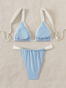 Women's Two Piece Blue And White Striped Bikini Set, Swimsuit Criss Cross Back Side Double Spaghetti Straps, Refreshing Summer Swimsuit Set - 藍色 - 查看 2
