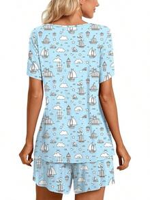 2 Piece Women's Short Sleeve Pajama Sets, Lounge Sleepwear Ladies PJs Sets With Pockets - 02灰藍色-帆船 - 查看 4