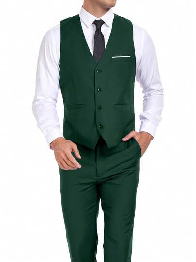 2pcs Men's Formal Suit, Solid Color Vest & Pants With Pockets, Suitable For Wedding, Party, Business Occasions, Dark Green, Size XS-XXXL