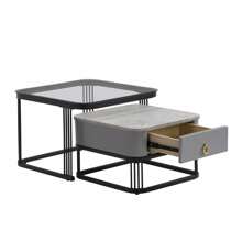 Set di 2 tavolini da caffè , tavolini impilabili con struttura in metallo dorato per balcone della camera da letto, tavolini quadrati impilabili per il soggiorno, tavolo da soggiorno con effetto marmo bianco e piano in vetro color tè, bianco e marrone tè/nero e grigio/bianco