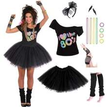 17 pièces Ensemble d'accessoires de costume des années 1980 : Mini-jupe, boucles d'oreilles, collier, bracelet, gants en résille, legwarmers, bandeau, pour Halloween, carnaval et célébration