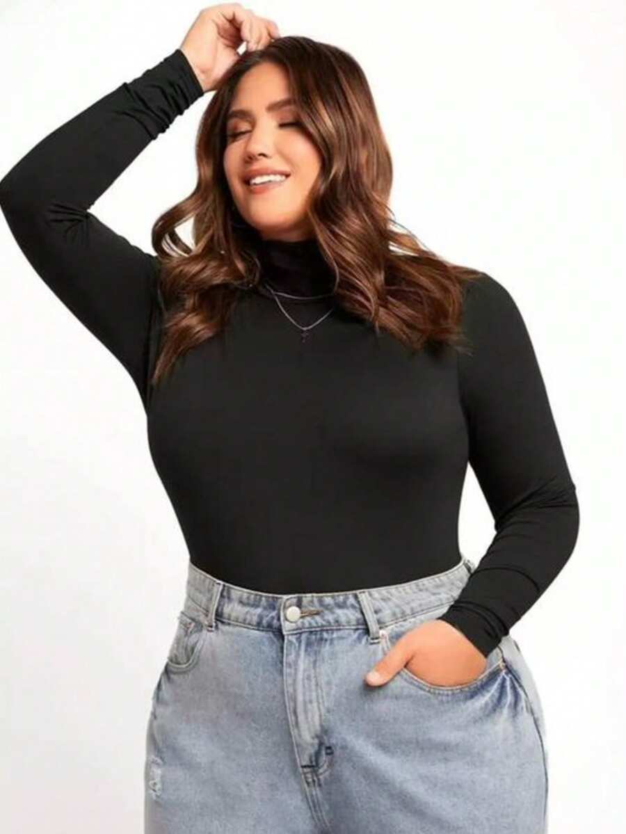 Bory Plus Size Bodysuit Bori Long Sleeve Suplex Leotard Large Size 46 To 54 - Đen và trắng - Xem 1