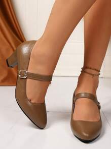 1 Paio Di Classiche E Eleganti Scarpe Mary Jane Con Cinturino E Fibbia, Punta Affusolata, Tacco Largo, Colore Solido, Comode E Versatili, Adatte Per La Primavera, L'estate E L'autunno, Taglie Grandi, Tacchi Alti Per Donne