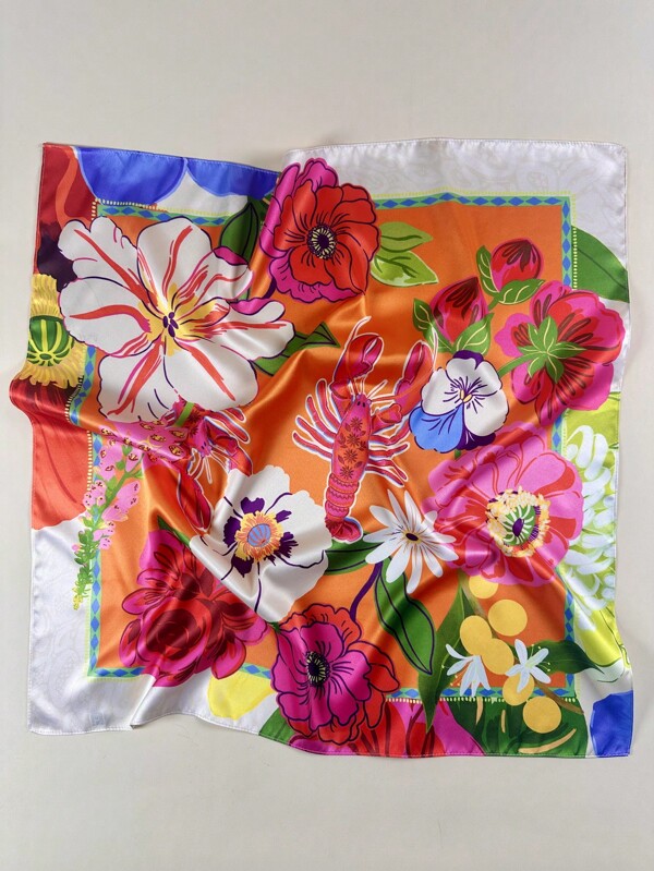 1PC Ladies Boho Lobster Florals Print Square Scarf Elegant Neckerchief Bandana Women Satin Head Scarf Hair Accessories