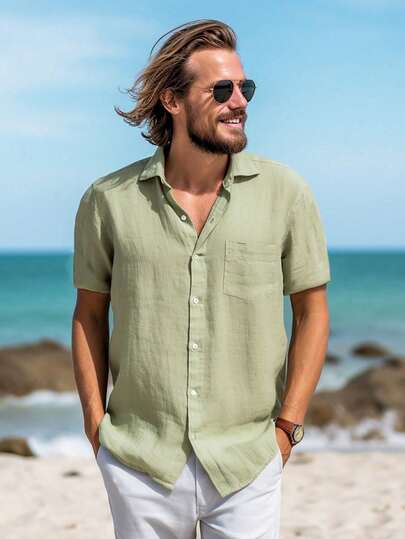 男士纯色休闲衬衫，时尚男士短袖户外夹克，夏季度假沙滩夏威夷衬衫