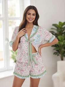 Women Floral Pajama Set, Short Sleeve Tie-Up Shirt With Shorts Daily Sleepwear Loungewear - 彩色 - 查看 3