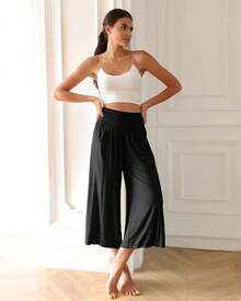 Women's Wide Leg Palazzo Lounge Cropped Pants With Pockets Light Weight Comfy Pajama Capri Pants-20/22"/ 24" Inseam - 黑色 - 查看 8