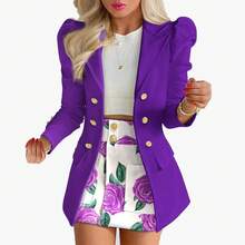 Women's Clothing Fashion Temperament Printed Princess Sleeve Short Skirt Suit Professional Wear Women's Two-Piece Suit Womenswear Gamis Comfort Basic - 紫色 - 查看 2