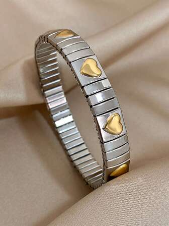1 pieza Brazalete elástico con estrellas y corazones de acero inoxidable dorado, brazalete bangle de plata para mujer, joya para uso diario, fiesta, boda y cumpleaños