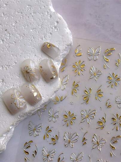 1pc Golden Flower & Butterfly Nail Art Stickers - 3D Embossed Shimmery Spring Bouquet Designs, Self-Adhesive DIY Manicure Decals, Floral Nail Art With Golden Accents And Pearl Embellishments, Self Adhesive Decals, Nail Stickers Nails Nail Supplies