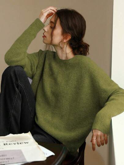 Knit Mix Elegant Women's Knitted French Commuter Sweater, Casual Loose-Fitting Long Sleeve Round Neck Pullover For Fall & Winter,Christmas Thanksgiving New Year Chic Valentine's Day Gift Idea Back To School Fall Women Clothes Autumn