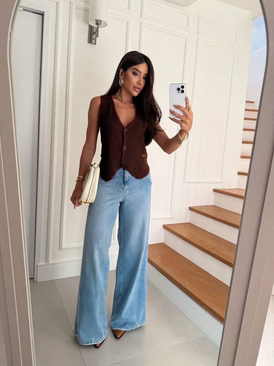 Women Elegant Knit Vest Fang Fashion For Women Simple Casual Knitwear Daily Holiday Fake Pockets Button - 鏽棕色 - 查看 1