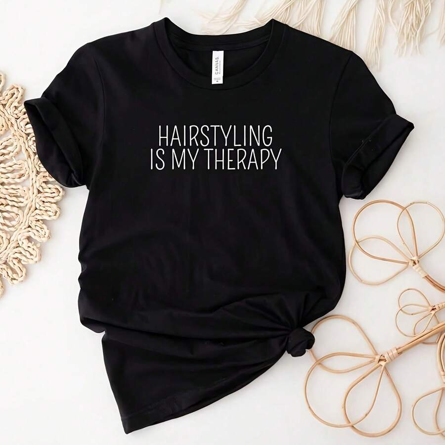 Hairstylist Shirt, Hairstyling , Hair Dresser , Hair Stylist Top, Hairstyling Is My Therapy Shirt - Black - View 1