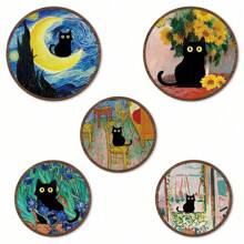 5 Stücke Boho-Stil schwarze Katze Wanddekoration Wandbehang Holzkunst Cartoon Logo Heim Wandkunst Dekoration, Bauernhaus Wohnzimmer und Schlafzimmer Heimdekoration, ländlicher pastoraler Stil Behänge, Hotel Veranda Dekorationskraftstoff