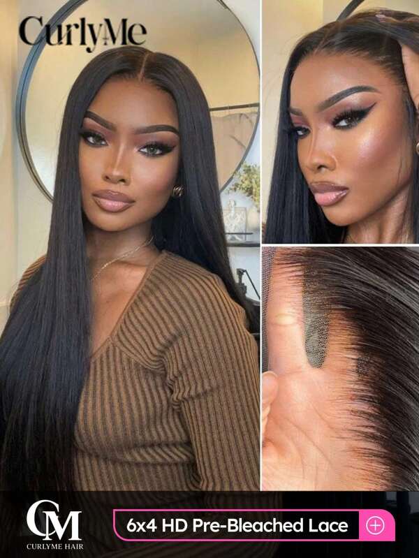CURLYME Wear Go 6x4 HD Lace Glueless Straight Wigs Pre Plucked & Pre-Bleached 180% 8-30 Inch Lace Closure Natural Color Wigs With Natural Hairline Human Hair Daily Use For Women