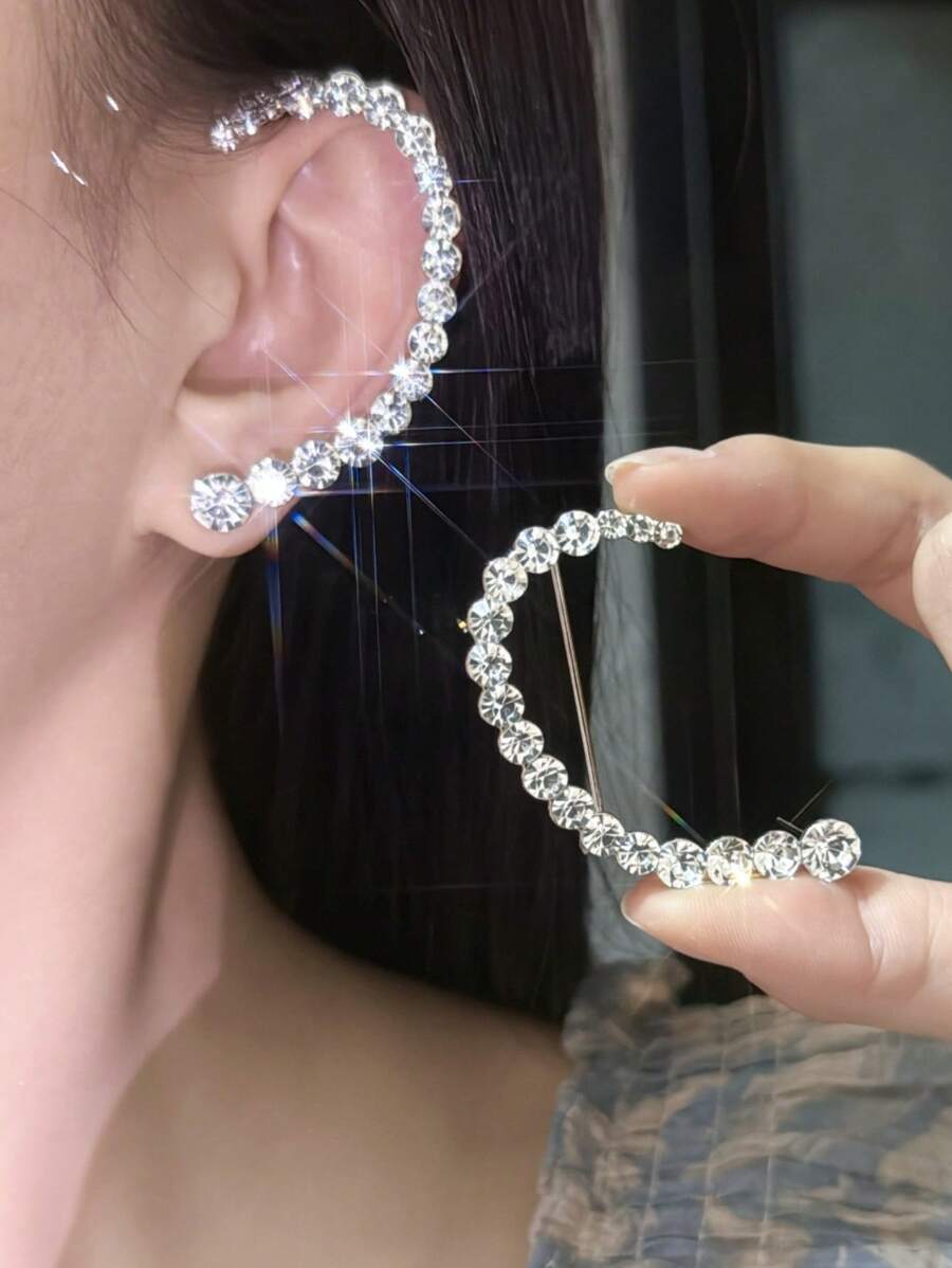 1 pieza Pendiente tipo cuf asimétrico de cristal a la moda, pendiente clip de oreja con rhinestones simétricos minimalistas para mujeres
