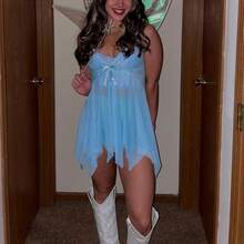 Women Halloween 2Pcs Fairy Costume Set Sexy Spaghetti Strap V Neck Low Cut Lace Sheer Mini Dress & Butterfly Wings Dress Up - Pink - View 8