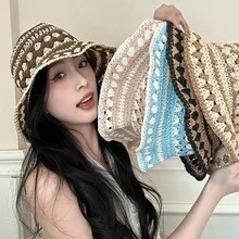 1 件女士可爱手工钩针编织草编太阳帽，可折叠夏季旅行帽 - 黑色 - 查看 5