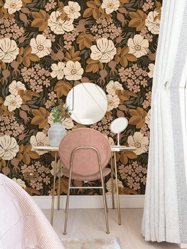 Peel And Stick Wallpaper Floral Vintage Removable Rose Leaf Black/Brown/Beige Stick On Mural Botanical Rose Wall Art Wall Decor Flowers On Navy Bluekid's Room Self Adhesive Wallpaper Wall Paper Wall Stickers Room Decor Wall Sticker