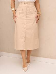 Women's Midi Skirt With Belt And Buttons And Front Pocket/YJY666-37 - 米色 - 查看 3
