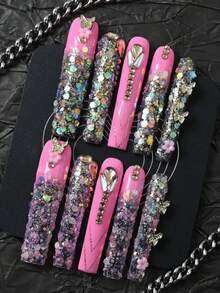 CrystalHola 10pcs Handmade Press On Nail Fake Nails, Pink Nails, Rhinestones, Stickers,DIY,Nail Supplies, Fake Nails, French Style, Extra Long Ballerina ,Flower Style Full Coverage Fake Nails, Hot Girl Style, Upgrade Your Look, Suitable For Parties/Music Festivals And Daily Wear, Women/Girls Travel, Party - 彩色 - 查看 1