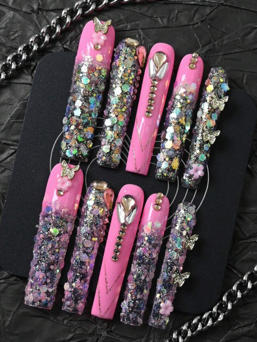 CrystalHola 10pcs Handmade Press On Nail Fake Nails, Pink Nails, Rhinestones, Stickers,DIY,Nail Supplies, Fake Nails, French Style, Extra Long Ballerina ,Flower Style Full Coverage Fake Nails, Hot Girl Style, Upgrade Your Look, Suitable For Parties/Music Festivals And Daily Wear, Women/Girls Travel, Party - 彩色 - 查看 1