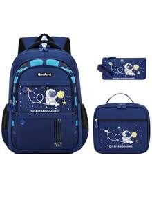 3pcs/Set Astronaut Themed Kids Backpack, Lunch Box Bag, Pencil Case Set, Lightweight Spacious Bookbag For Boys School, Back-To-School Essentials, Fit For 6-14 Years Old Students