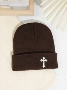 1 Peça Gorro de Malha Estilo de Rua Masculino com Bordado em Cruz, Chapéu de Malha Y2K, Sem Aba, Visual de Halloween e Outono