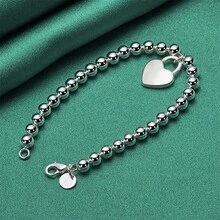 1件套925镀银8英寸心形锁珠项链手链套装，时尚珠宝礼品，圣诞派对配饰 - 銀色 - 查看 2