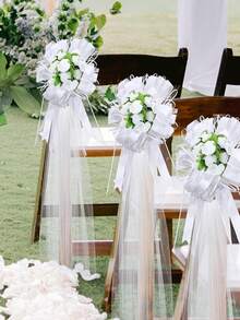 12 件白色婚礼椅子装饰，白色花卉过道装饰，婚车薄纱花饰，62.99 英寸透明面料，教堂婚礼过道椅子装饰，适用于新娘送礼会，椅背装饰，婚车装饰，周年纪念 - 彩色 - 查看 2