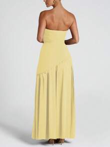 女士优雅性感纯色开衩性感派对假日度假长款黄色无肩带连衣裙