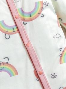 1pc Baby Girl Rainbow Print Soft & Comfortable Long Sleeve Snap-Up Front Footie, Suitable For Newborn To 9 Months Daily Wear - Green - View 5