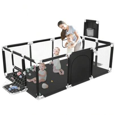 Parque infantil HDJ extragrande de 180 cm con aro de baloncesto y red transpirable, para interior y exterior (negro, rectangular, con estructura de baloncesto)