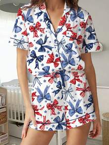 Women 4th Of July Pajama Set American Flag Short Sleeve Button-Up Tops Elastic Waist Shorts 2 Piece Sleepwear Outfit - 藍色 - 查看 2