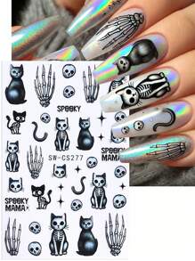 Pegatinas de uñas de 3D Halloween con gato negro, fantasma, serpiente, huesos de mano, pétalos de margarita, líneas de graffiti irregulares, setas, ojo malvado, lágrimas del diablo - 5 piezas - Decoración de manicura para salón - Suministros de uñas para autoadhesivo de esmalte de gel - Diseños otoñales e invernales Y2K