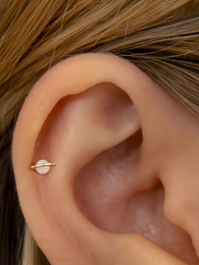 1 pieza Pendientes de aro de plata de ley 925 con ópalo blanco de fuego de 16G, pendientes de Saturno, barra de labio chapada en oro de 18K con cuentas de ópalo de fuego, adecuado para uso diario por mujeres y niñas, se vende como 1 pieza, no como par