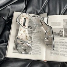 Roman High-Heeled Slippers For Height 2025 Summer New Thin Stripes Open Toe Buckle Strap Mid-Heel Floral Pattern Sandals For Women