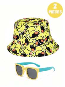 2 peças de boné de beisebol amarelo fofo e casual e óculos dobráveis para adolescentes, adequados para passeios diários, férias na praia ao ar livre, sombreamento e proteção solar