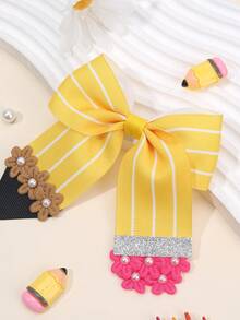 1pc Girl's Back-To-School Hair Bow Clip – Yellow Pencil Striped Print Hairpins,Rose Pink & Coffee Color Floral Decor Hair Bows With Faux Pearls Charms, Funny Pencil Design – Vintage Preppy Style Hair Accessories For School Season