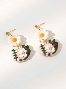 Pendientes colgantes de flor de arcilla polimérica hechos a mano, flores 3D de arcilla en color blanco y rosa, regalos de joyería para mujeres