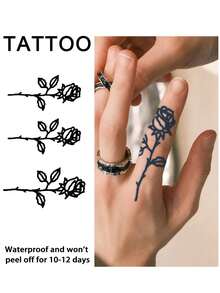 1片逼真临时纹身贴纸，半永久纹身，Y2K玫瑰图案，防水防汗，可持续1-2周，逼真的草本汁液效果，不反光，黑色，男女通用，适用于手臂、胸部、腿部、腹部、腰部、手指、颈部、脊柱等部位，现代人体彩绘 - 黑色 - 查看 8