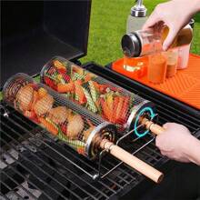 1 pièce Cage de gril de barbecue en acier inoxydable, panier de grill rotatif, filet de cuisson de barbecue portable, filet de barbecue circulaire pour légumes, frites, poisson, crevettes, convient pour les paniers de barbecue d'extérieur, les grils de barbecue de camping d'extérieur, l'équipement de pique-nique de camping, les petits accessoires de cuisine, avec des crochets anti-brûlure