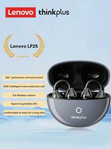Lenovo Auriculares Bluetooth Lenovo LP25 con estuche protector, auriculares deportivos de conducción ósea, Bluetooth 5.4, sonido envolvente, cancelación de ruido ENC, baja latencia para juegos, larga duración de la batería, control táctil inteligente, cómodos y compatibles con dispositivos Apple y Android