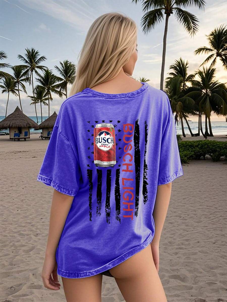 Busch Light"American Retro Printed Hip-Hop Loose Cotton Washed Men's And Women's T-Shirt - 寶藍色 - 查看 1