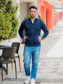 Men's Winter Coat Wool Knit Men's Jacket With Pocket And Zipper - Navy Blue - View 2