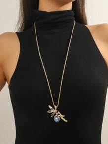 1pc New European And American Style Delicate Full Diamond & Rhinestone Owl Pendant Necklace, Fashionable All-Match Long Chain For Women