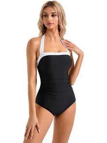 Women Sexy Tummy Control One Piece Swimsuit Halter Retro Bathing Suit - 68 Đen Trắng - Xem 4