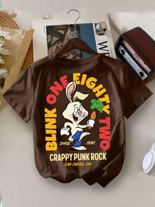 小男孩休闲度假兔子和胡萝卜字母印花圆领短袖T恤，夏季 - 咖啡棕 - 查看 1