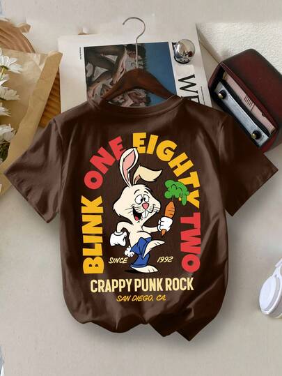 Young Boy Casual Vacation Rabbit & Carrot Letter Print Round Neck Short Sleeve T-Shirt, Summer